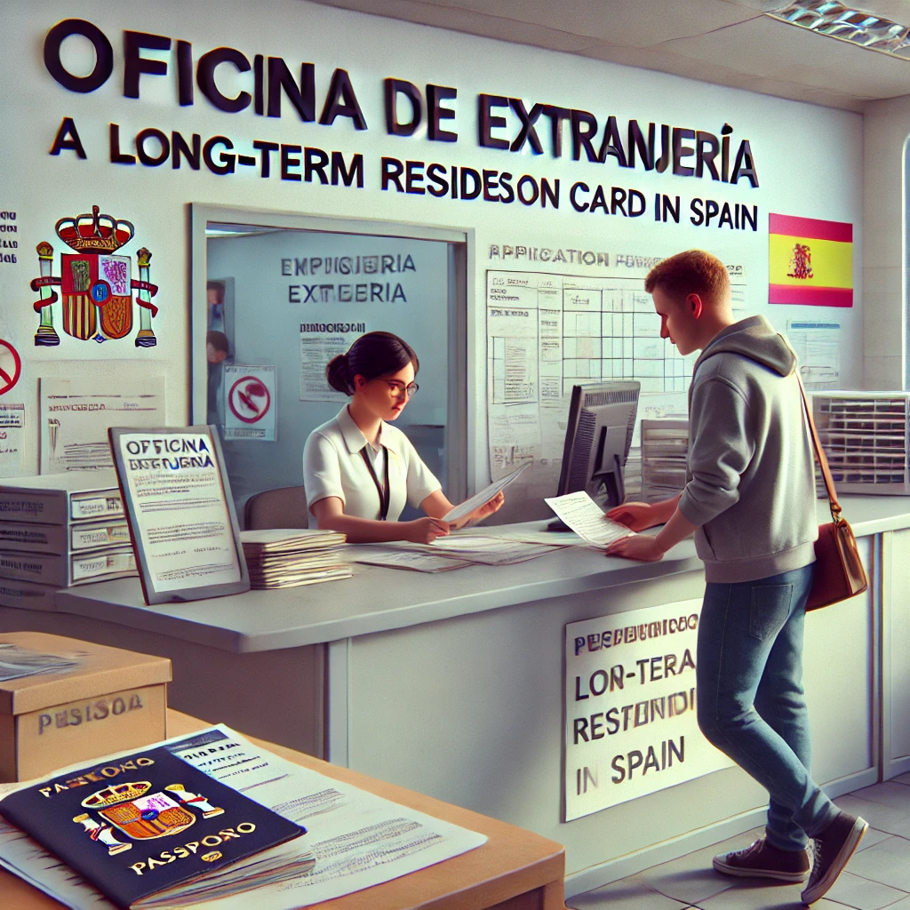 Proceso de recuperación de la tarjeta de residencia de larga duración en España en la Oficina de Extranjería, con documentos como pasaporte, formulario EX-17 y denuncia de robo.