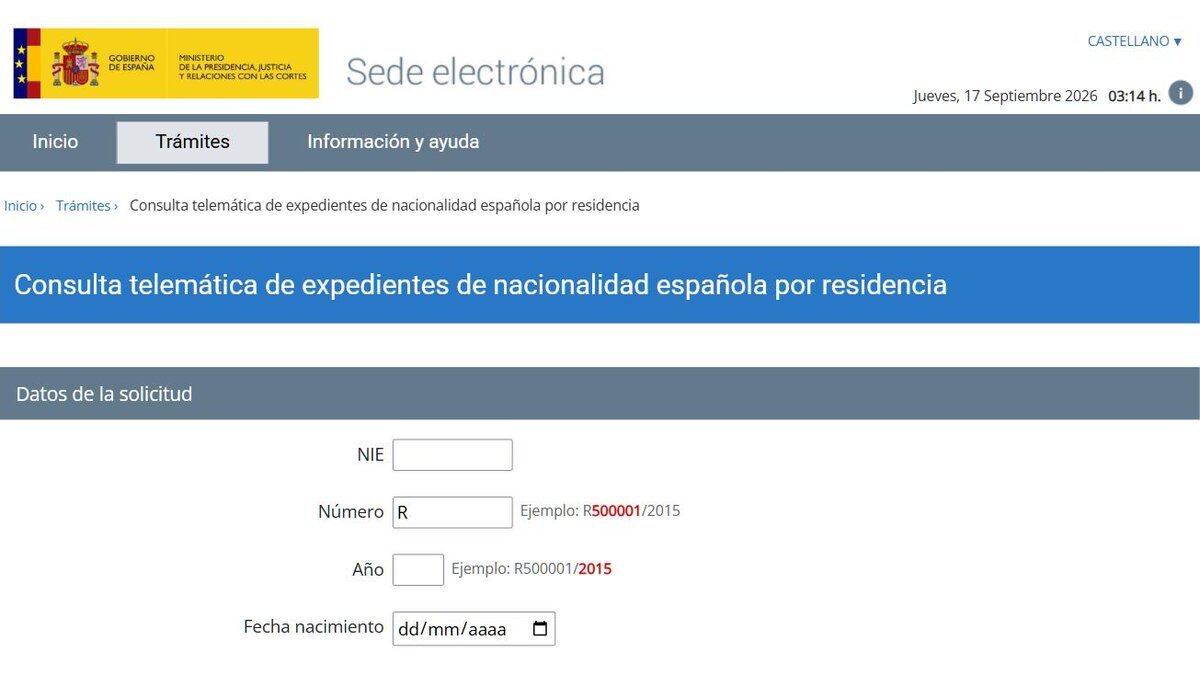 Página oficial de consulta telemática de expedientes de nacionalidad española por residencia en la sede del Ministerio de Justicia