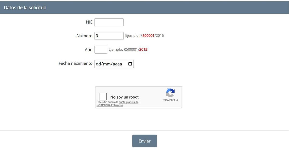 Formulario de Cómo va lo mío nacionalidad: campos NIE, número (R), año, fecha de nacimiento, reCAPTCHA y botón Enviar