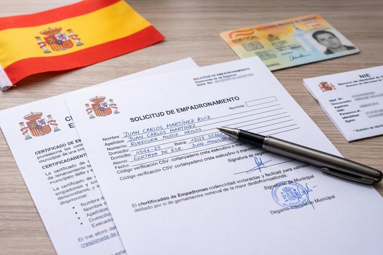 استمارة طلب التسجيل في البلدية (Solicitud de Empadronamiento) وشهادة السكن في إسبانيا مع بطاقة NIE