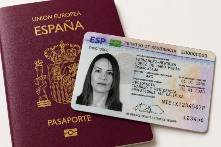 Tarjeta de identidad de extranjero (TIE) y pasaporte sobre mesa — permiso de residencia en España