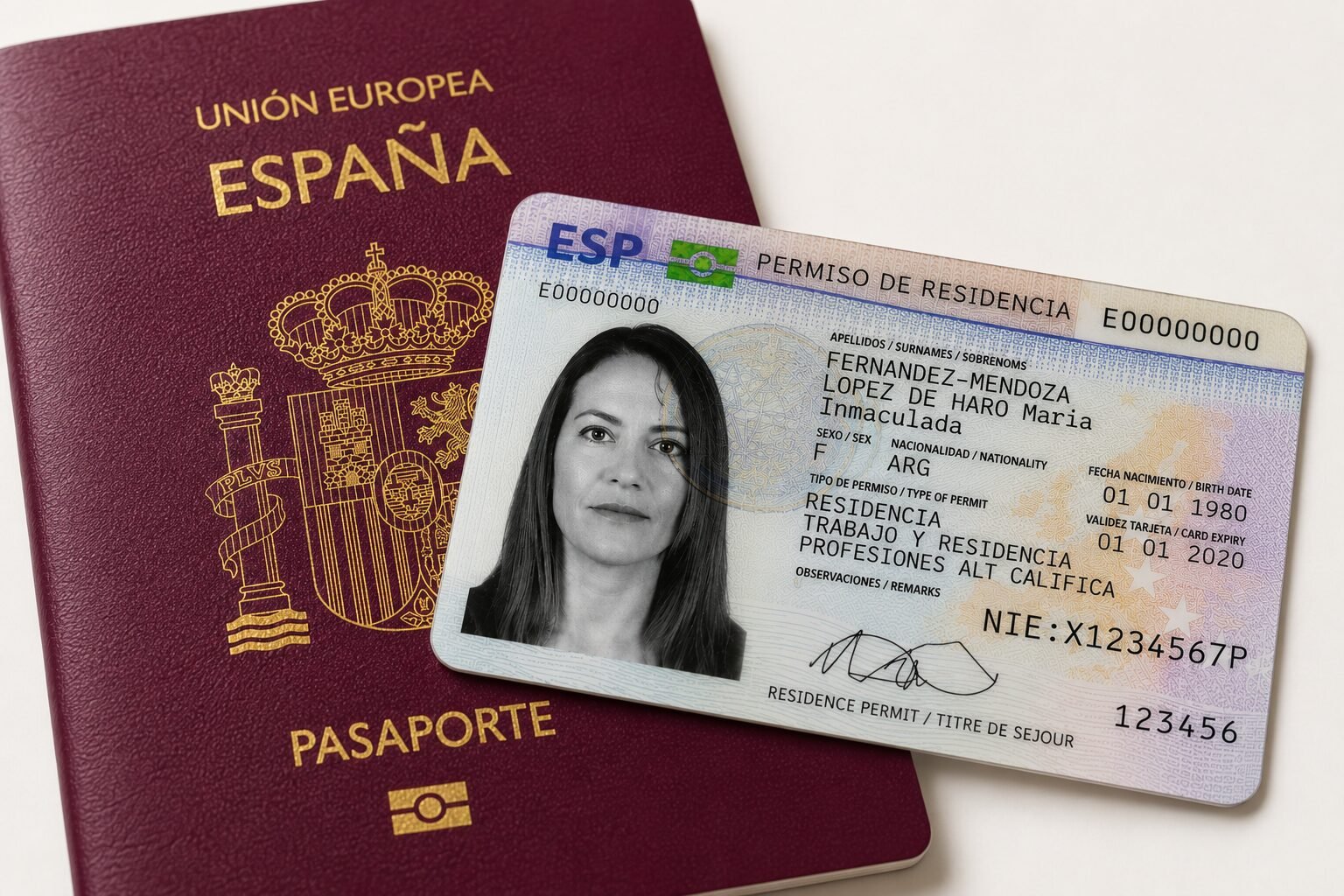 Tarjeta de identidad de extranjero (TIE) y pasaporte sobre mesa — permiso de residencia en España
