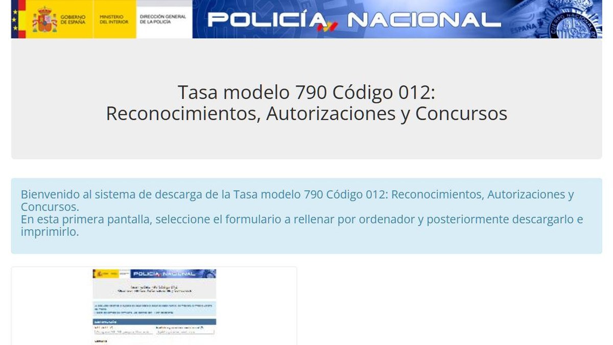Página oficial de la Policía Nacional para rellenar la tasa modelo 790 código 012